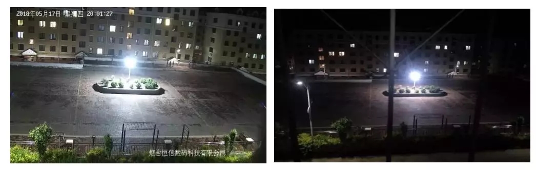 左為全彩智能球機夜間效果，右為普通球機夜間效果